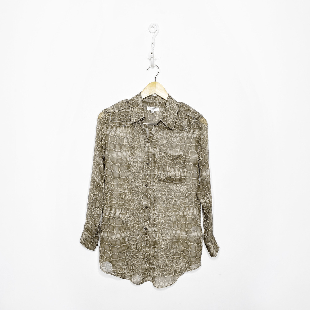 EQUIPMENT silk sheer croc print collared long sleeve button down brown womens XS